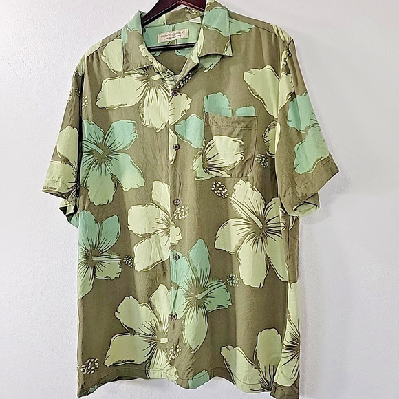 Island Republic Men’s 2XL 100% Silk Hawaiian Shirt Green Floral Button Up - Picture 2 of 6
